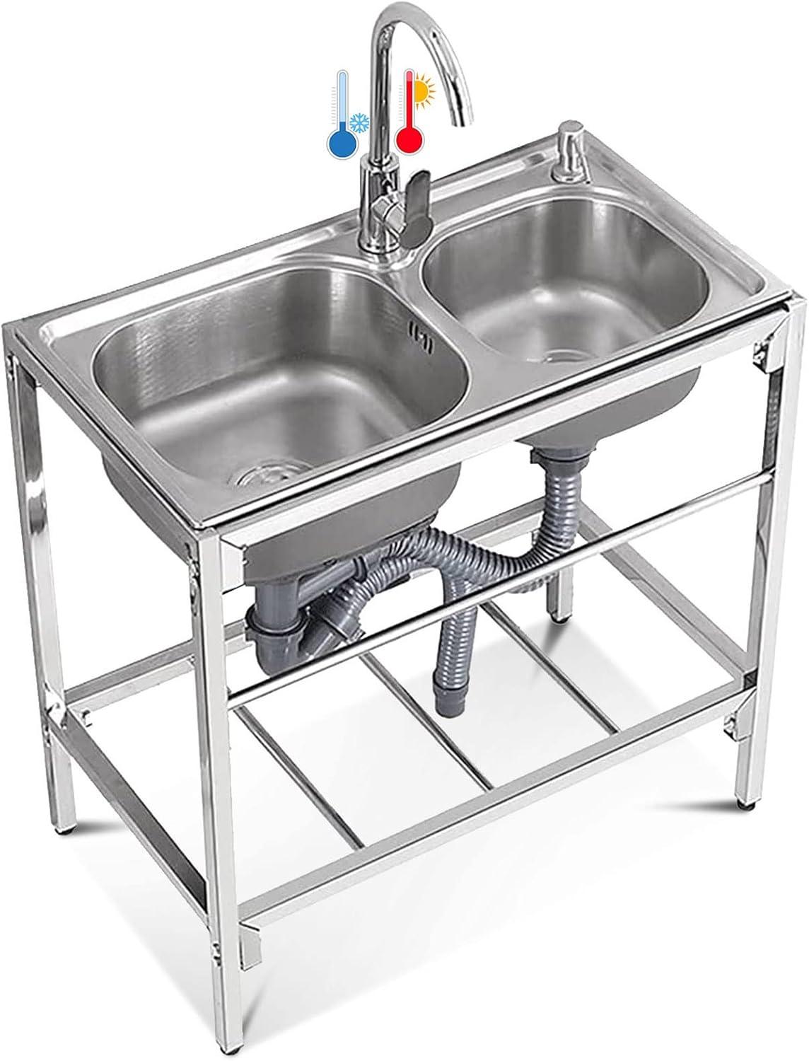 Mobiles Camping-Waschbecken, freistehend, für gewerbliche Nutzung, Mehrzweckspüle mit 2 Fächern, Edelstahl, 82 cm