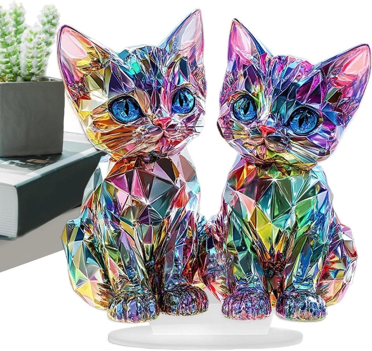 Multicolor Kat Beeldje - Kleurrijk Acryl Kattenfiguur voor Tafeldecoratie - 23.9 x 25 cm