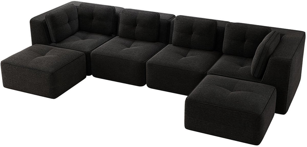 Komhtom Modulaire U-vormige hoekbank met chaise longue en slaapfunctie, Zwart
