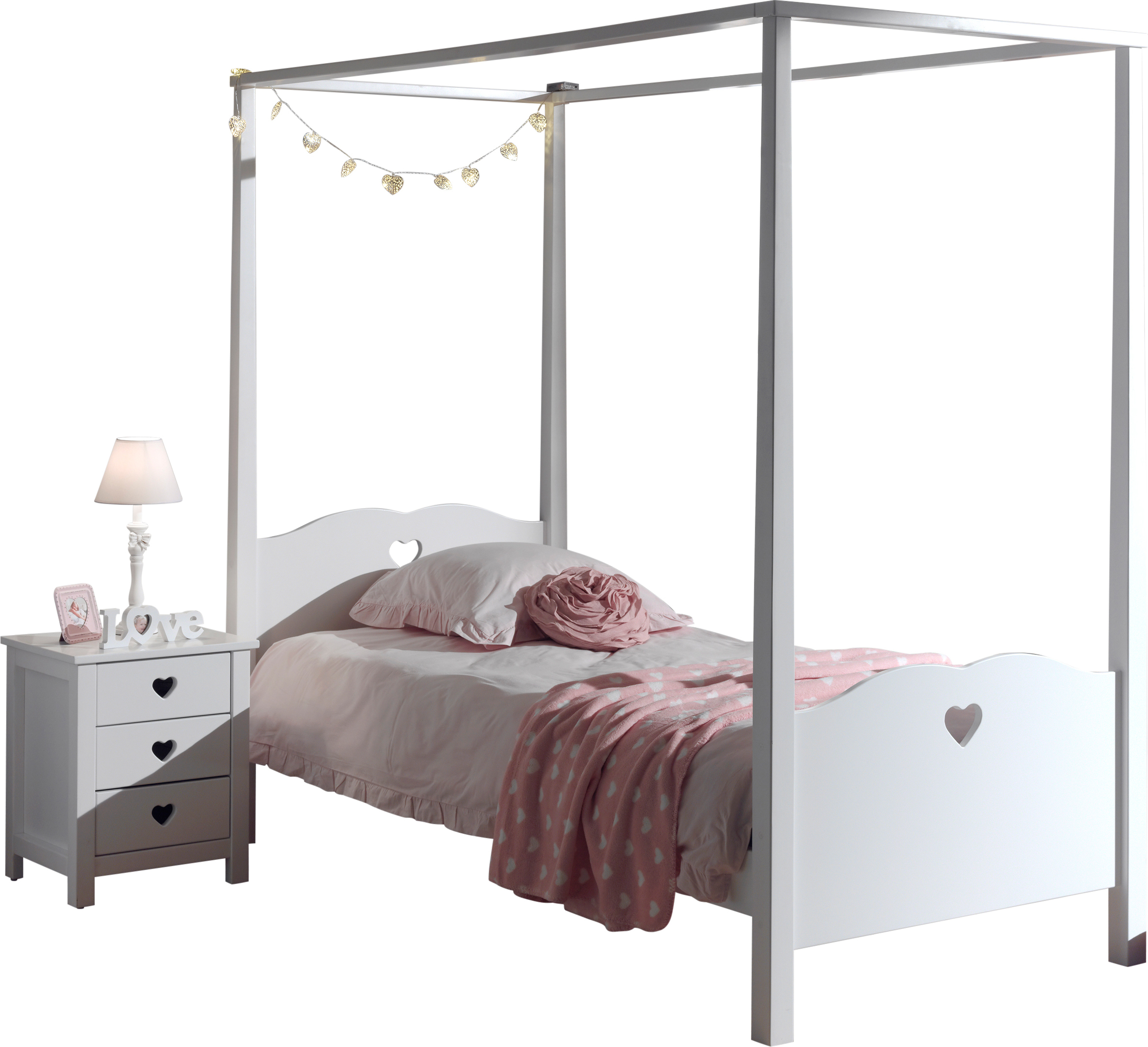Diese Amori-Kombination besteht aus einem Amori-Himmelbett und einem Amori-Nachttisch.