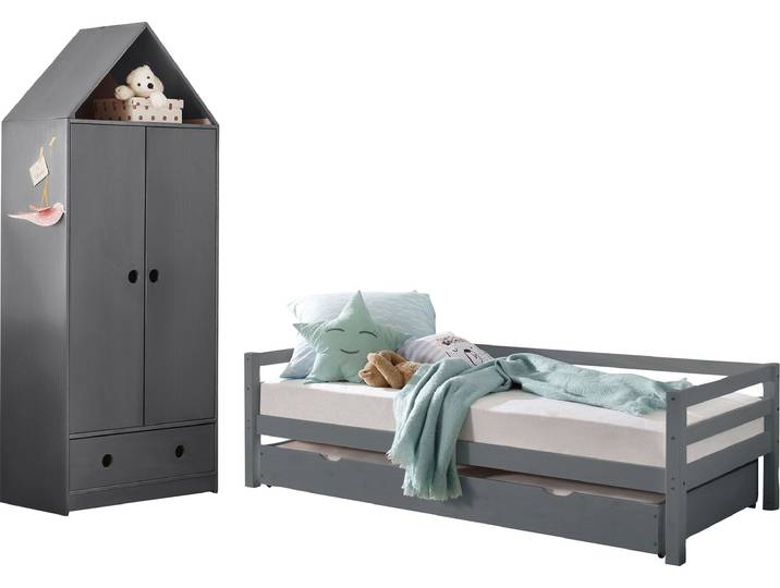 Jugendzimmer-Set GOODPRODUCT Alpi , grau, Schlafzimmermöbel-Sets, Jugendzimmer-Set, Daybed mit 2. Liegefläche + Kleiderschrank in Hausoptik, platzsparend