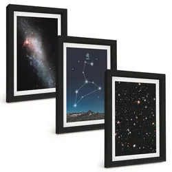 BILDER SET 3er Set - 20x30 cm Schwarzer Rahmen - Galaxie im Sternbild Löwe