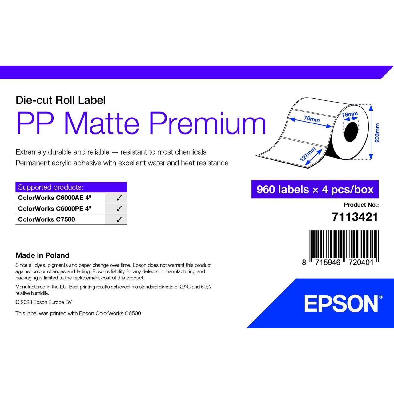 EPSON PP MATTE LABEL PREM DIE-CUT ROLL 76X127MM 960 LABELS