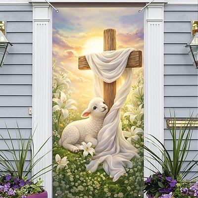 Oster-Türdekoration mit Lamm am Kreuz und Lilien, christliche religiöse Dekoration, perfekt für Ostersonntag, Frühlingsfeiertage und Feierlichkeiten im Freien