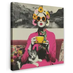 LEINWANDBILD Frau - Katze - Blumen - Tasse - Retro Deko Groß 90x90 cm