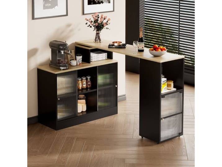 Table de bar extensible - LEYTN table de bar mobile et pivotante avec espace de rangement et étagère latérale - Noir