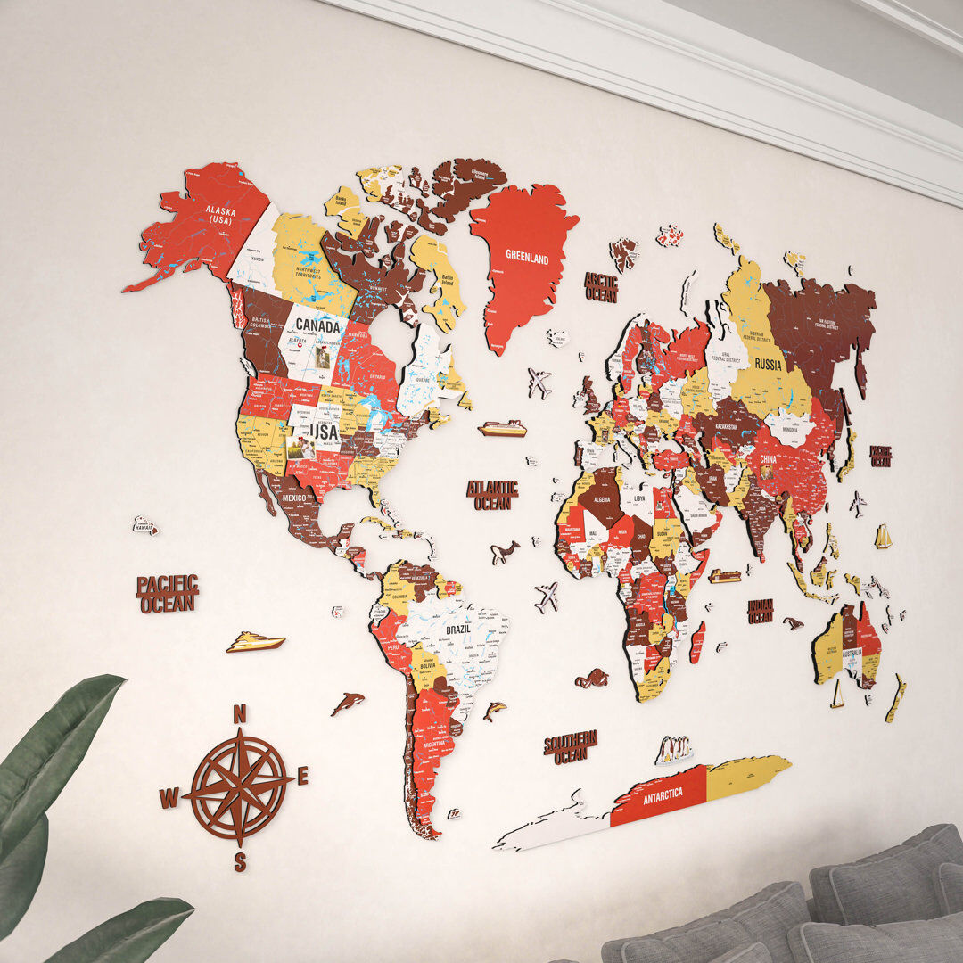 Longshore Tides 3D Wooden World Map Wall Art with Flag Stickers – Large Wood Map Décor & Travel Tracker for Living Room, Office & Study Terracota 75 cm x 120 cm