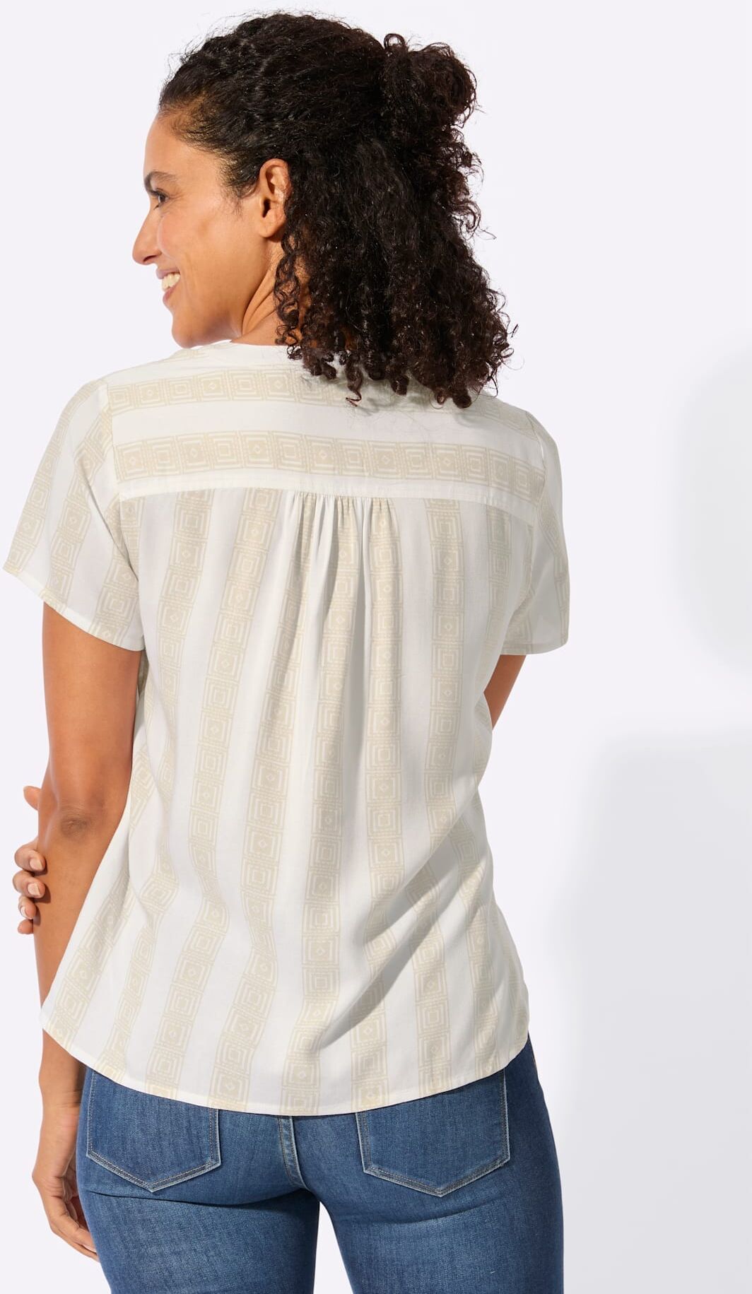 Schlupfbluse INSPIRATIONEN, Damen, Gr. 40, beige (sand, weiß), 100% Viskose, bedruckt, gemustert, mehrfarbig, Rundhals, Blusen Schlupfbluse sand, weiß 40