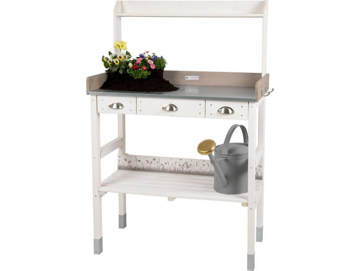 Wondermake Pflanztisch aus Holz, mit 3 Schubladen, wetterfest für Garten und Balkon, weiß, Weiß, 85x130x45 cm, Wohnzimmer, Wohnzimmertische, Blumenständer