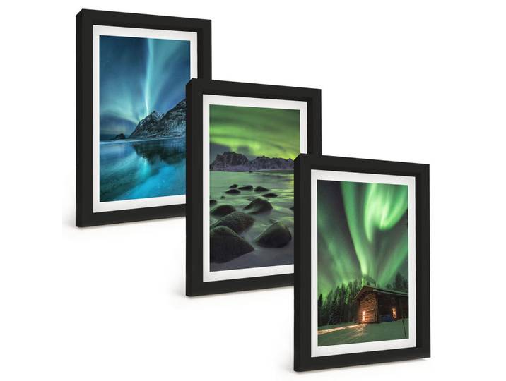 Tulup Bilder SET 3er Set - 20x30 cm Schwarzer Rahmen - Winterlandschaften, Nordlichter, Berge, Kunststoff, Rechteckig, 20x30 cm, Fotografie, Bilder & Rahmen, Bilder