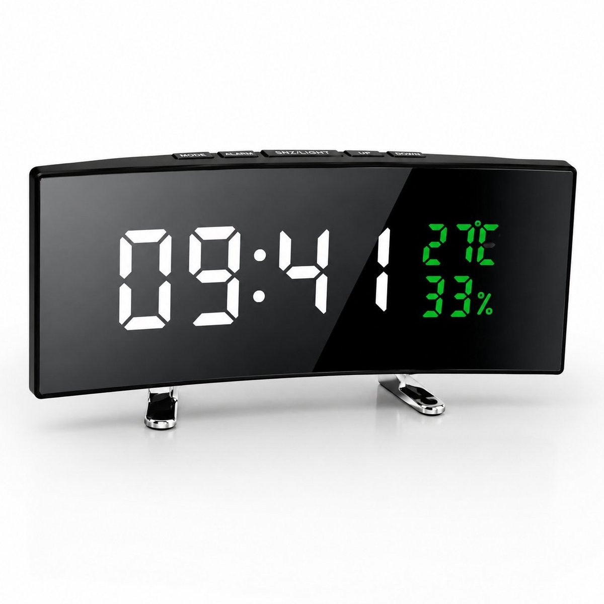 PolkaHome multifunctionele LED-wekker met 6.6-inch gebogen groot scherm, tijd, temperatuur en luchtvochtigheid