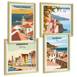 BILDER SET 4er Set - 50x50 cm & 40x60 cm Goldrahmen - Ansichten europäischer Häfen