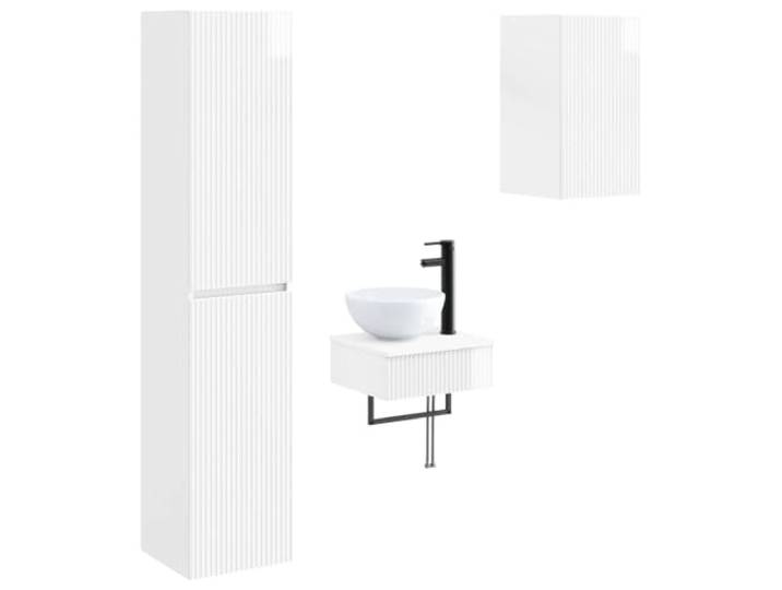 Badezimmermöbel-Set 3-teilig, weiß glänzend, Waschbecken und Wandschränke Modernes Design, umkehrbare Türen, 6 Einlegeböden, Wandmontage, Innenbereich, Waschbecken und Wasserhahn im Lieferumfang