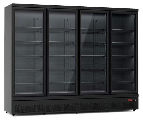 Gastro Getränkekühlschrank | Flaschenkühlschrank | Gewerbekühlschrank | 4 Glastüren | Schwarz | 2500 Liter | +2 bis +10 °C
