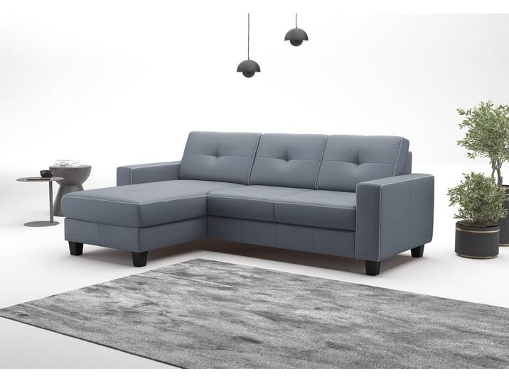Ecksofa, Graublau, 239x164 cm, Naturleder, Mit Bettfunktion & Bettkasten, Modern