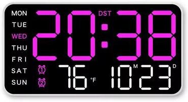 Inspire Select Large LED Digital Wall Clock USB Powered Remote Control With Temperature, Date & Week Display + Dual Alarm Feature white purple