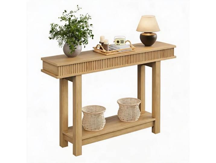 Koioplie Console Farmhouse 2 niveaux avec étagère en bois massif à rainures table d'entrée étroite pour entrée Natural wood