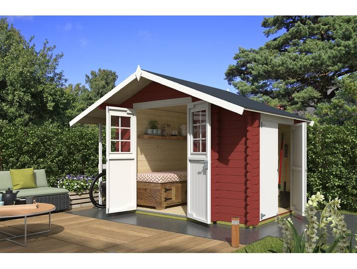 Gartenhaus NORDIC HOLZ Vilano 1 , rot (schwedenrot), Fußboden im Gartenhaus, ohne Dacheindeckung, Massivholz, Gartenhäuser, Gartenhaus, mit 3 getrennten Bereiche
