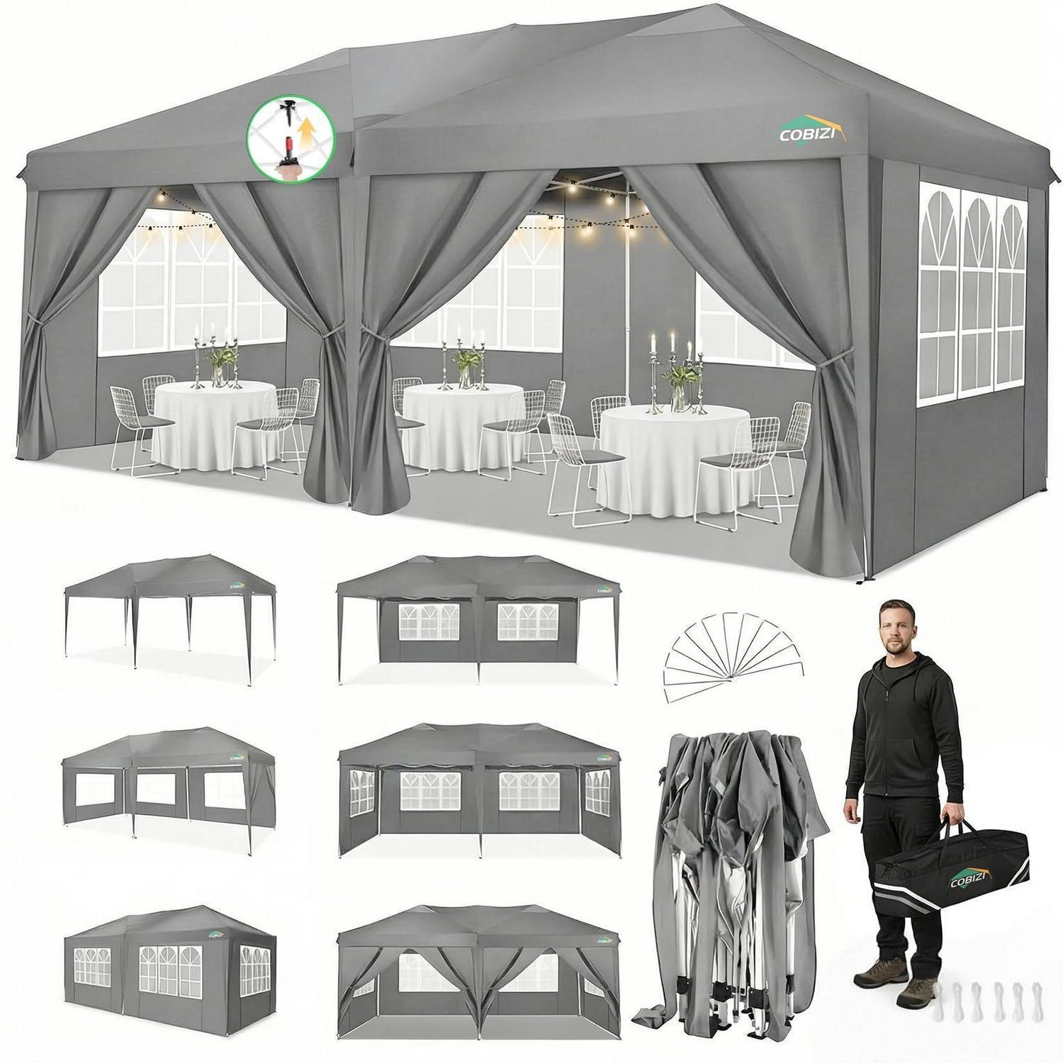 Faltpavillon 3x6m Grau mit 6 Seitenwänden wasserdicht UV-Schutz stabil