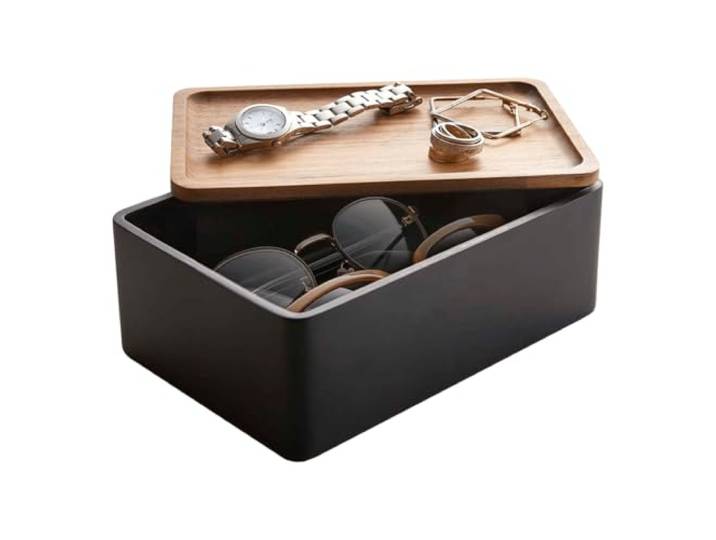 YAMAZAKI 5166 RIN Accessory Storage Box\, black\, Polystone/Wood\, 18.5 x 12.5 x 7 cm