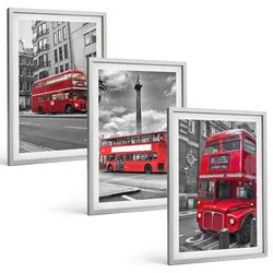 BILDER SET 3er Set - 40x60 cm Silberner Rahmen - Rote Busse in London