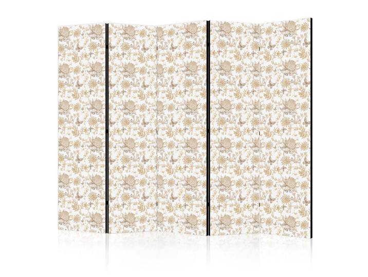Muralo Paravent Akustik 5-tlg 225x172 cm Chrysanthemen und Schmetterlinge, Braun, Holz, Floral, Rechteckig, 225x172x3 cm, Wohnzimmer, Raumteiler, Paravents