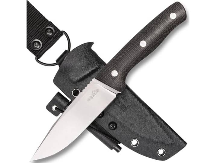 SCHNITZEL KVIN - Outdoormesser mit Kydex - Scheide, Braun/Schwarz Dangler - Tragesystem - §42A konform - Bushcraft-, Outdoor-, Freizeit-Messer für Erwachsene, Wandern, Schnitzen