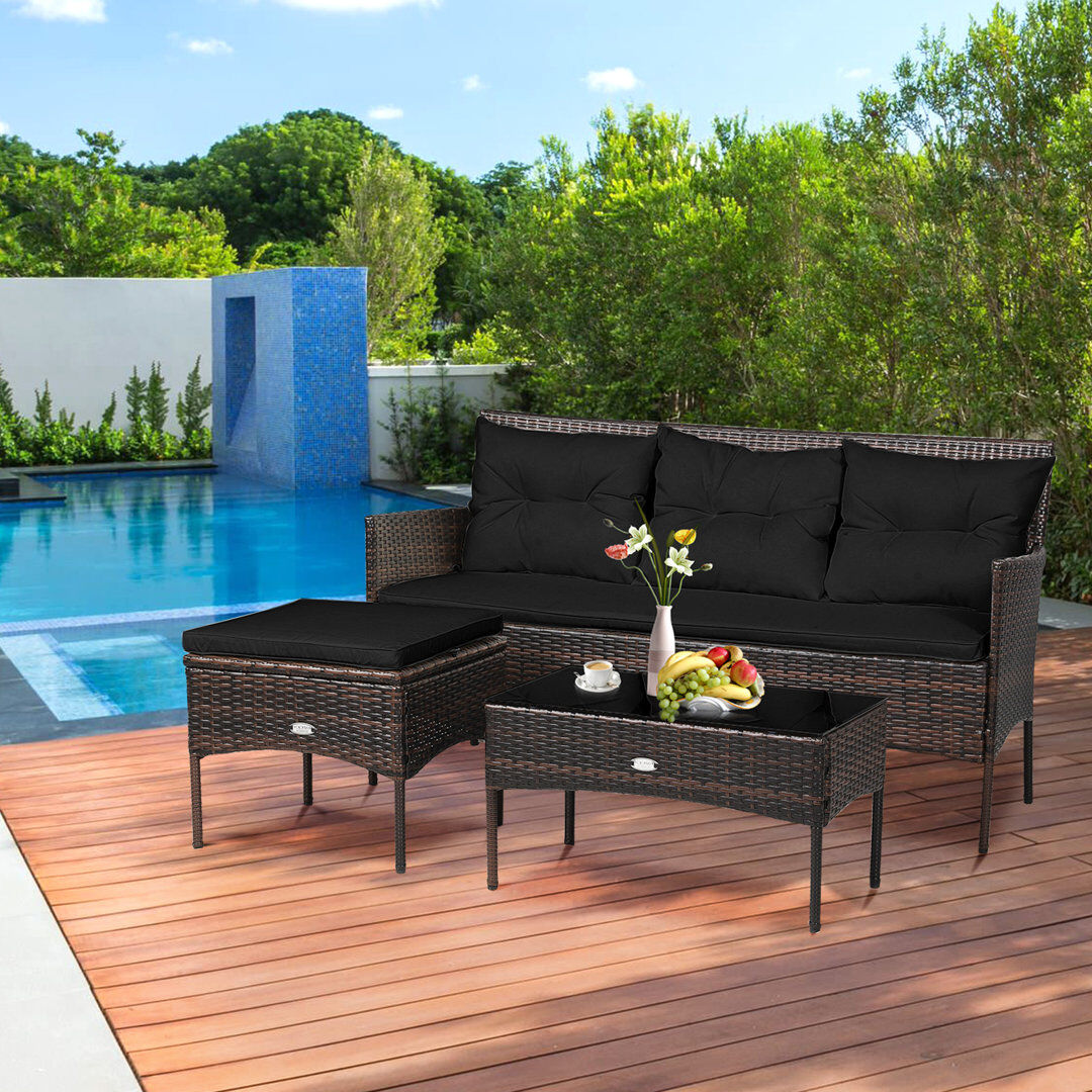 17 Stories 3 PCS Patio Conversation Set Outdoor PE Rattan Furniture Set-Black Brown 4