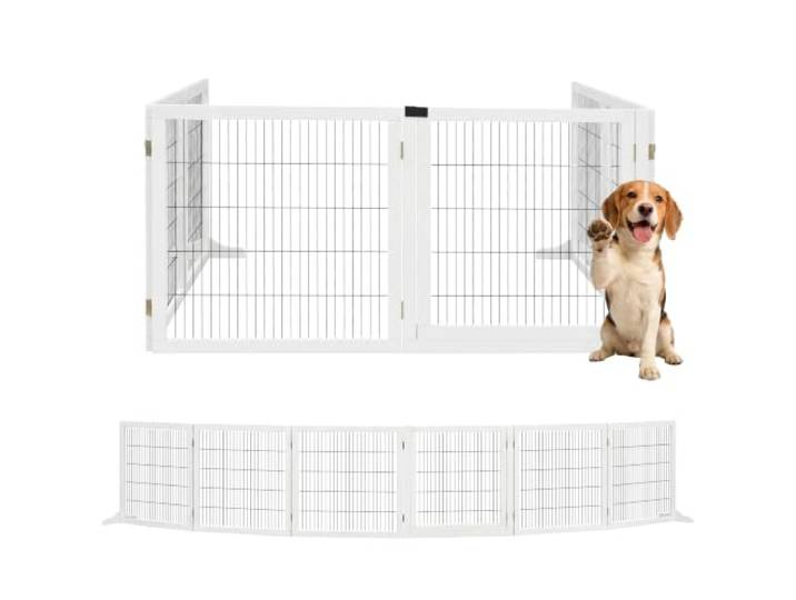 PawHut Barrière de sécurité Chien barrière autoportante barrière modulable Pliable 6 Panneaux 2 Pieds Support Bois de pin 432 x 36 x 70 cm Blanc