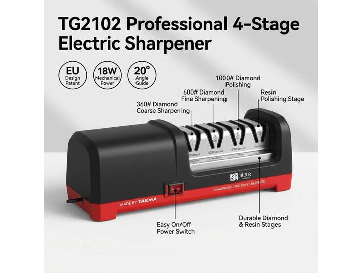Taidea TG2102 Affûteur de couteaux électrique professionnel 4 étapes, meule diamantée, polissage résine, 18W 2800RPM, Brevet UE, robuste, 1480g, outil stable, pour couteaux de cuisine, de chef, de