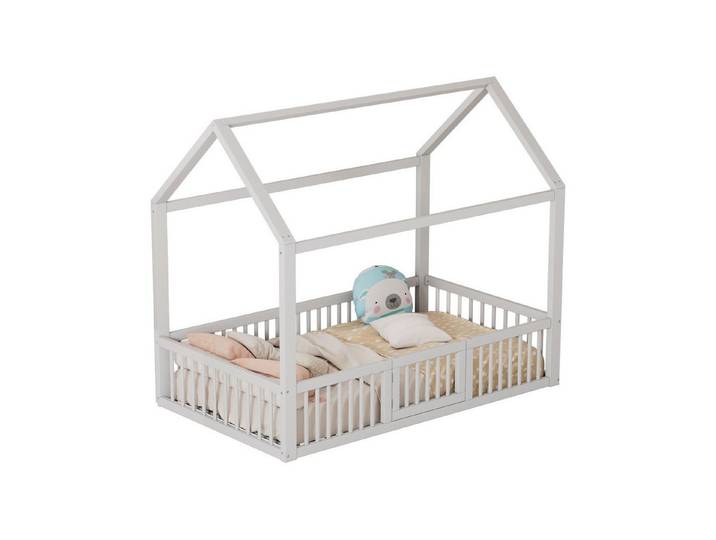 Flieks Massivholzbett, Kinderbett Einzelbett Hausbett mit Sicherheitsgitter 90x200cm