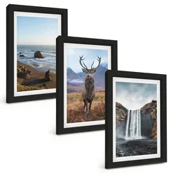 BILDER SET 3er Set - 20x30 cm Schwarzer Rahmen - Berglandschaften mit einem Wasserfall