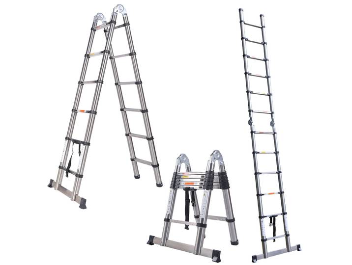 Échelle télescopique, extension télescopique portable 3,8 m (1,9 m + 1,9 m) échelle de loft polyvalente de hauteur, cadre pliable en acier inoxydable