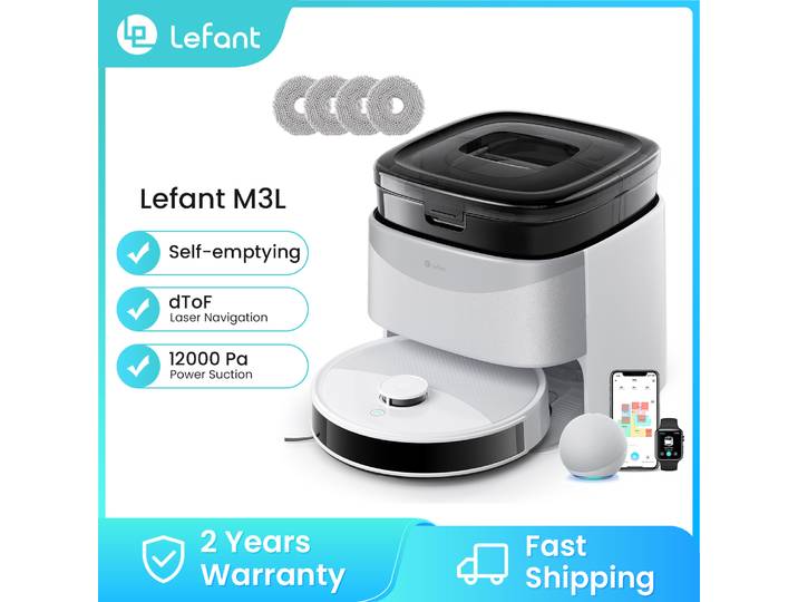 Lefant M3L Aspirateur robot Nettoyage, aspiration, séchage, lingettes Nettoyage automatique, poussière, puissance d'aspiration 12 000 Pa, navigation DToF