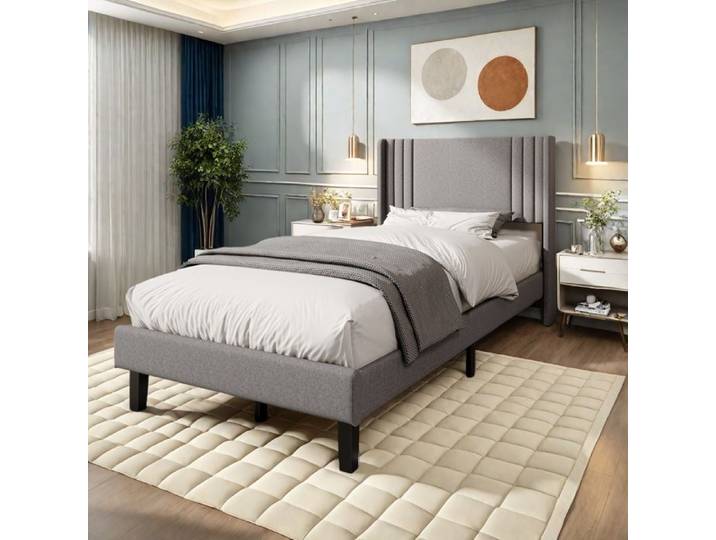 Lit simple - 90x200 cm - Rembourré en lin - Sommier à lattes - Rangement sous-lit