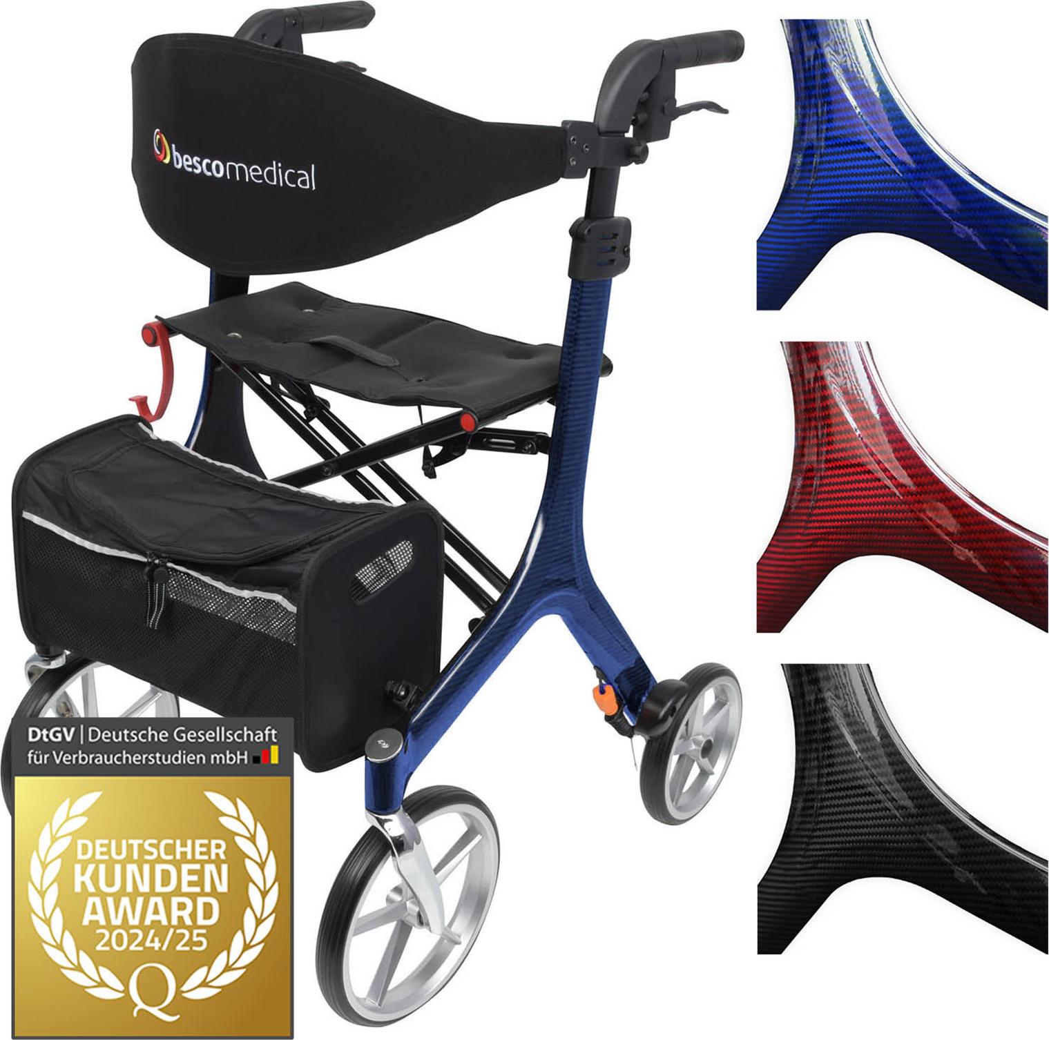 Bescomedical Leichtgewicht-Rollator Carbon - Saphirblau - Modell L - faltbare Gehhilfe mit Rückengurt, Netztasche und Stockhalter