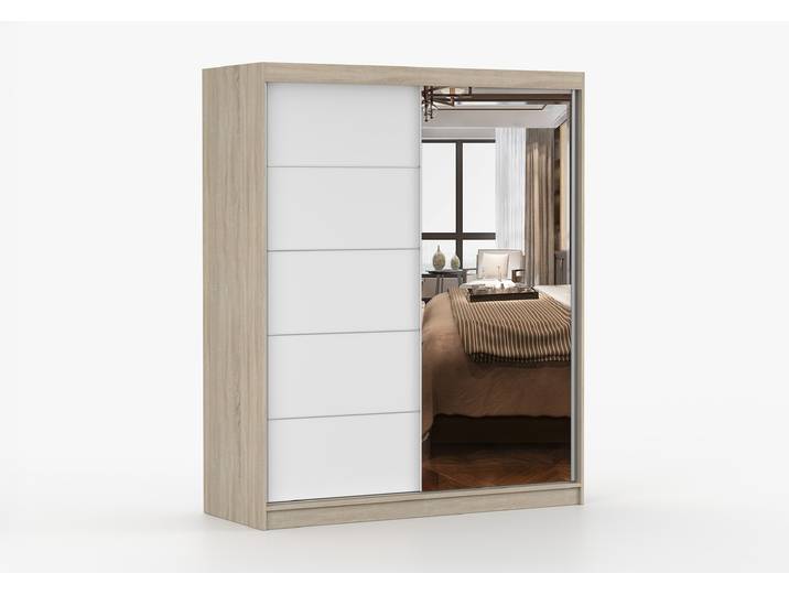 Schwebetürenschrank BONO 05 160 cm Sonoma Eiche Weiß + Spiegel