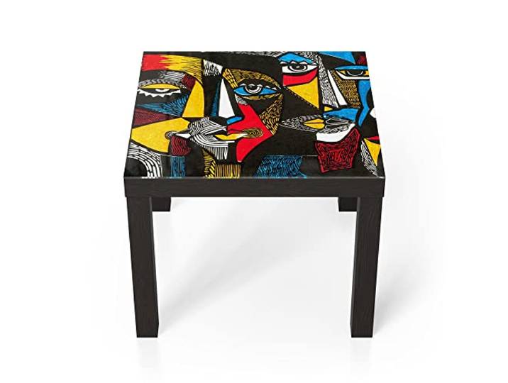 DEQORI Glastisch schwarz klein 55x55 cm Motiv Linolschnitt Gesichter ausgefallener Beistelltisch aus Glas Hochglanz Couchtisch fürs Wohnzimmer moderner Couch Tisch mit Design