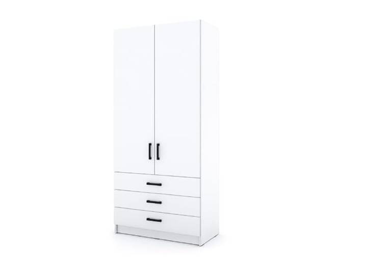 Marlux-Meble Kleiderschrank Sigma 90 cm breit mit 2 Drehtüren und 3 Schubladen Korpus in Weiß Matt Schlafzimmerschrank Kinderzimmerschrank Systemschrank (Türen-Weiß, Schubladen-Weiß)