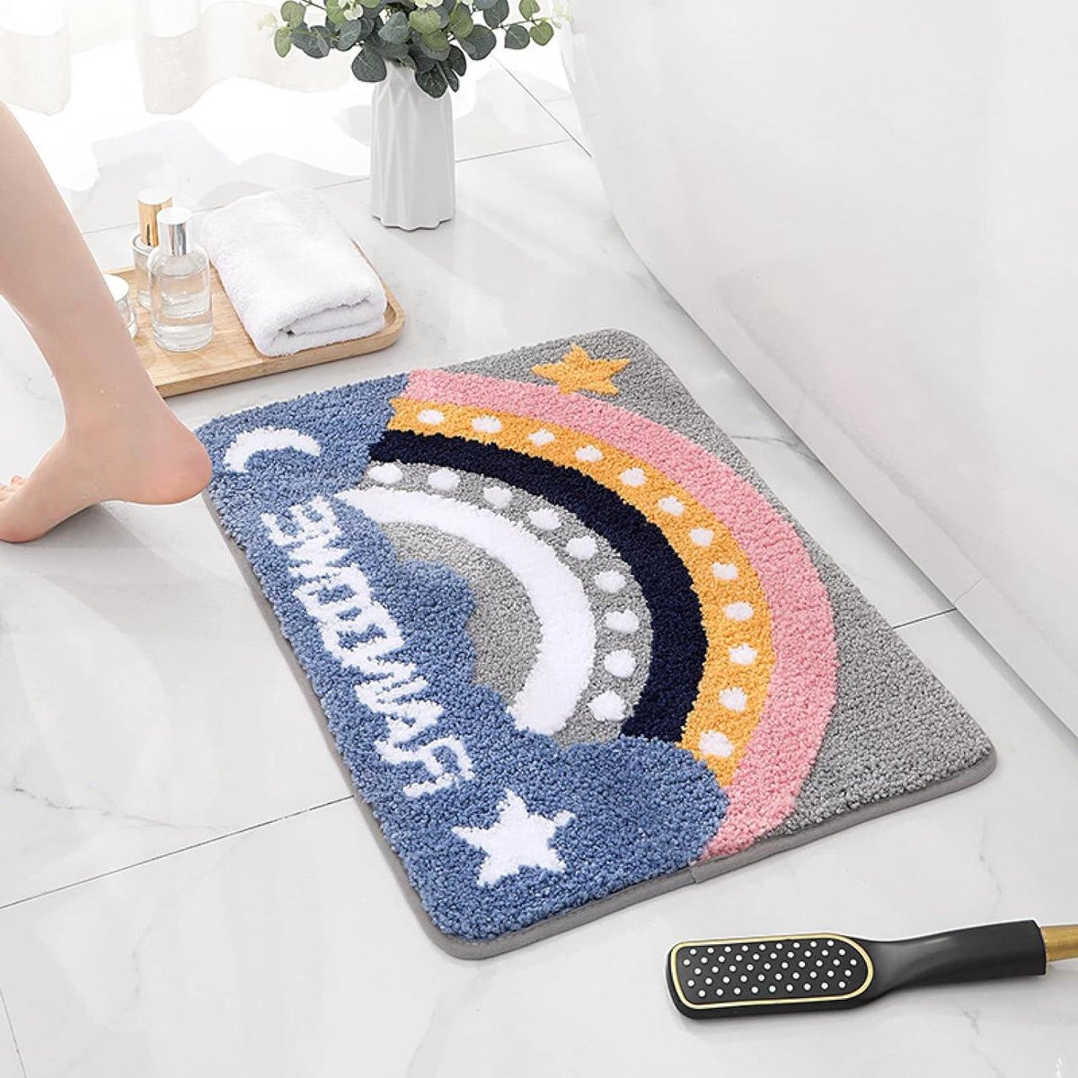 Badkamermat Hond - Blauw Wit - Zachte Microfiber Antislipmat voor de Badkamer