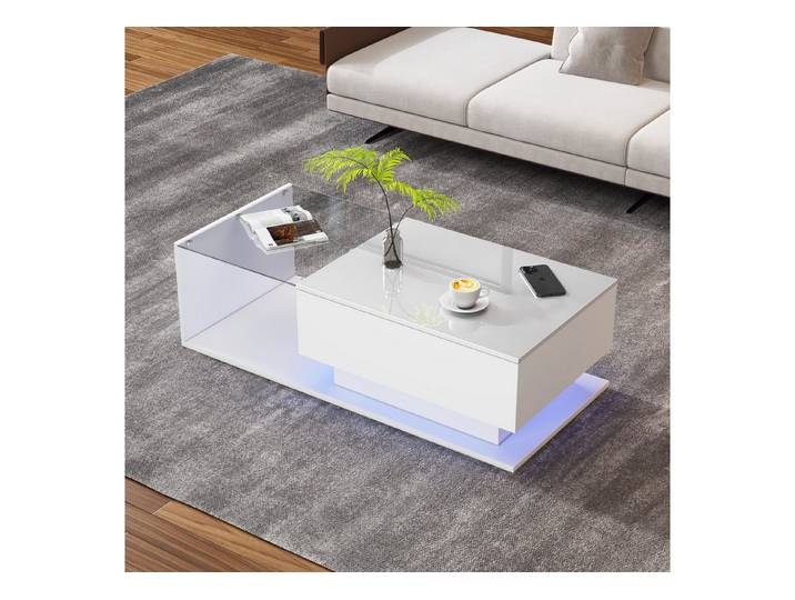 Fine Life Pro Couchtisch Weißer Couchtisch, Glasplatte, LED, 1 Schublade, kratzfest, 100x50x32 cm, moderner Wohnzimmertisch, elegantes & praktisches Design