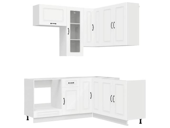 Favemtsl Küchenzeile Kalmar 8-Teilig Eckküche Weiß Holzwerkstoff Praktischer Küchenschrank mit verstellbaren Füßen und Wandsicherung für optimale Raumnutzung in der Küche.
