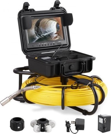 Vevor Rioolcamera met 120 m kabel en 23 cm scherm, IP68 buisinspectiecamera met DVR-functie en 12 verstelbare LED's, zwart-zilver-geel