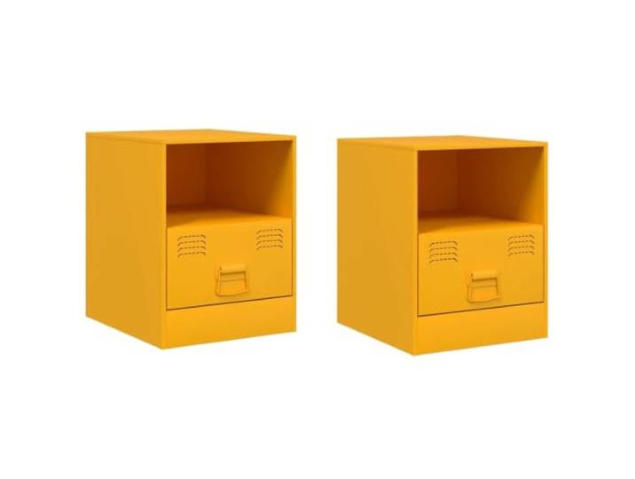 Fisinber Nachttisch 2er Set Senfgelb 34,5x39x44 cm Metall Beistelltisch Kompakter Nachtschrank aus robustem Stahl mit Schublade und Ablagefach für das Schlafzimmer, 2er Set.