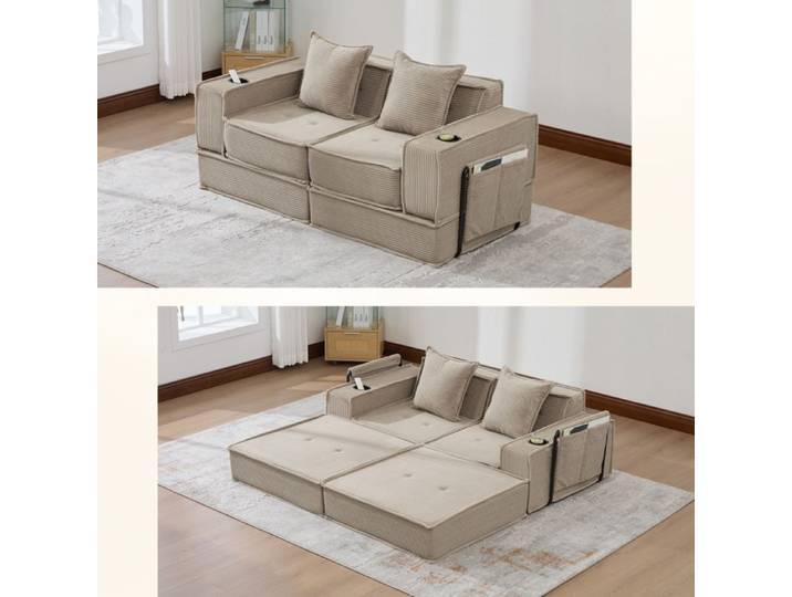 ROVRYN Canapé modulable convertible 2 places en velours côtelé kaki 2 coussins porte-gobelets et rangement