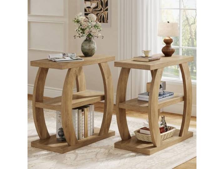 LITTLE TREE Beistelltisch mit 3 Ablageflächen 2er Set, Schmaler Konsolentisch Holz, Stabiler Sofatisch, multifunktionaler Endtisch für Wohnzimmer Schlafzimmer Flur Eingangsbereich, Natürlich