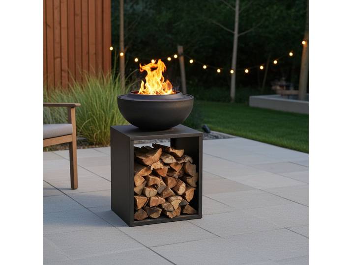 2-in-1 Feuerschale mit Holzfach, Feuerstelle & Plancha Grill, 51,5 x 51,5 x 85 cm