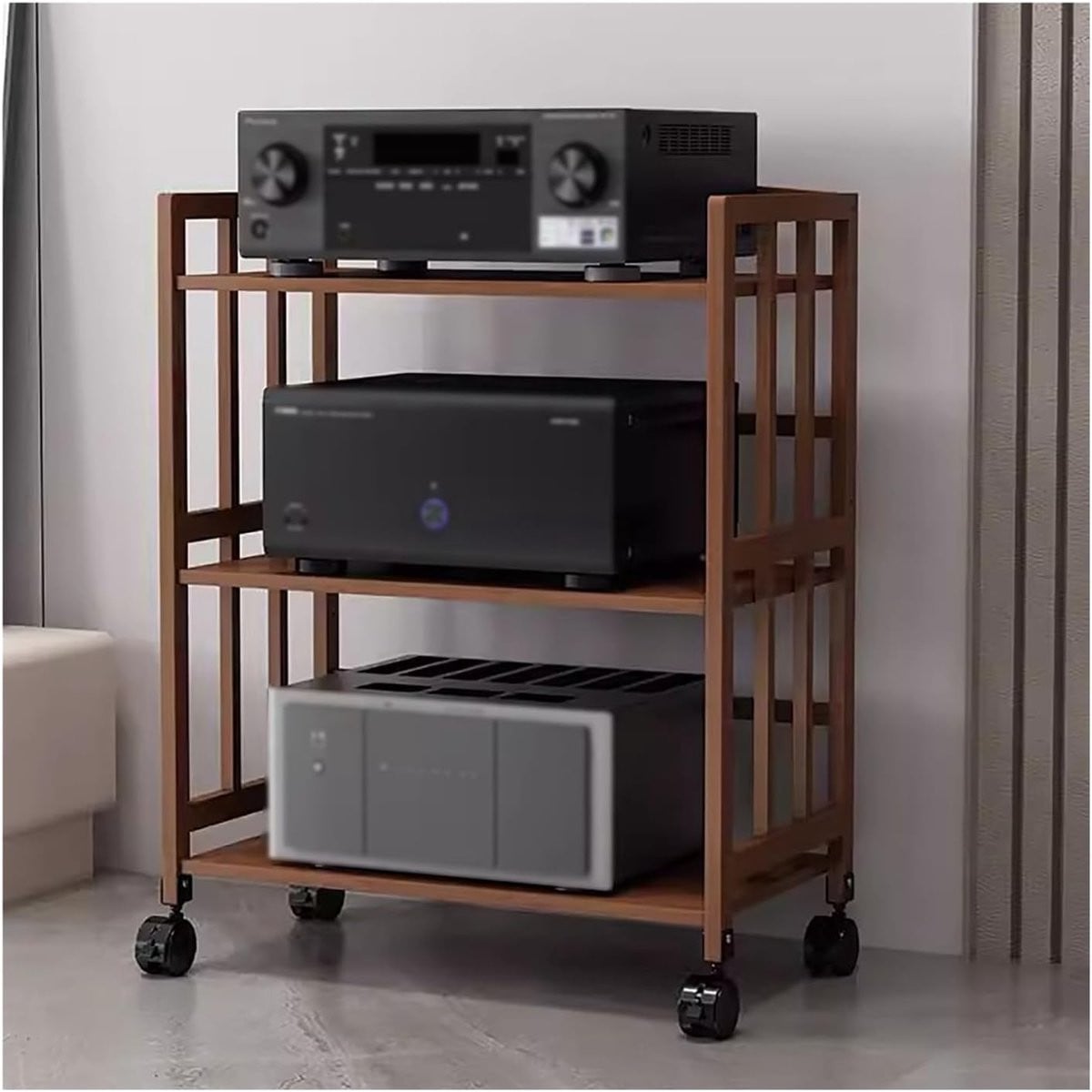 Stereo Opbergrek Mediakast in Zwart met Verstelbare Planken en Zwenkwielen, Breedte: 55 cm