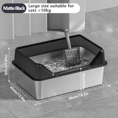 Uplift Essentials XL Stainless Steel High Sided Litter Box With Anti Scatter Lid obsidian Black 19.7 In