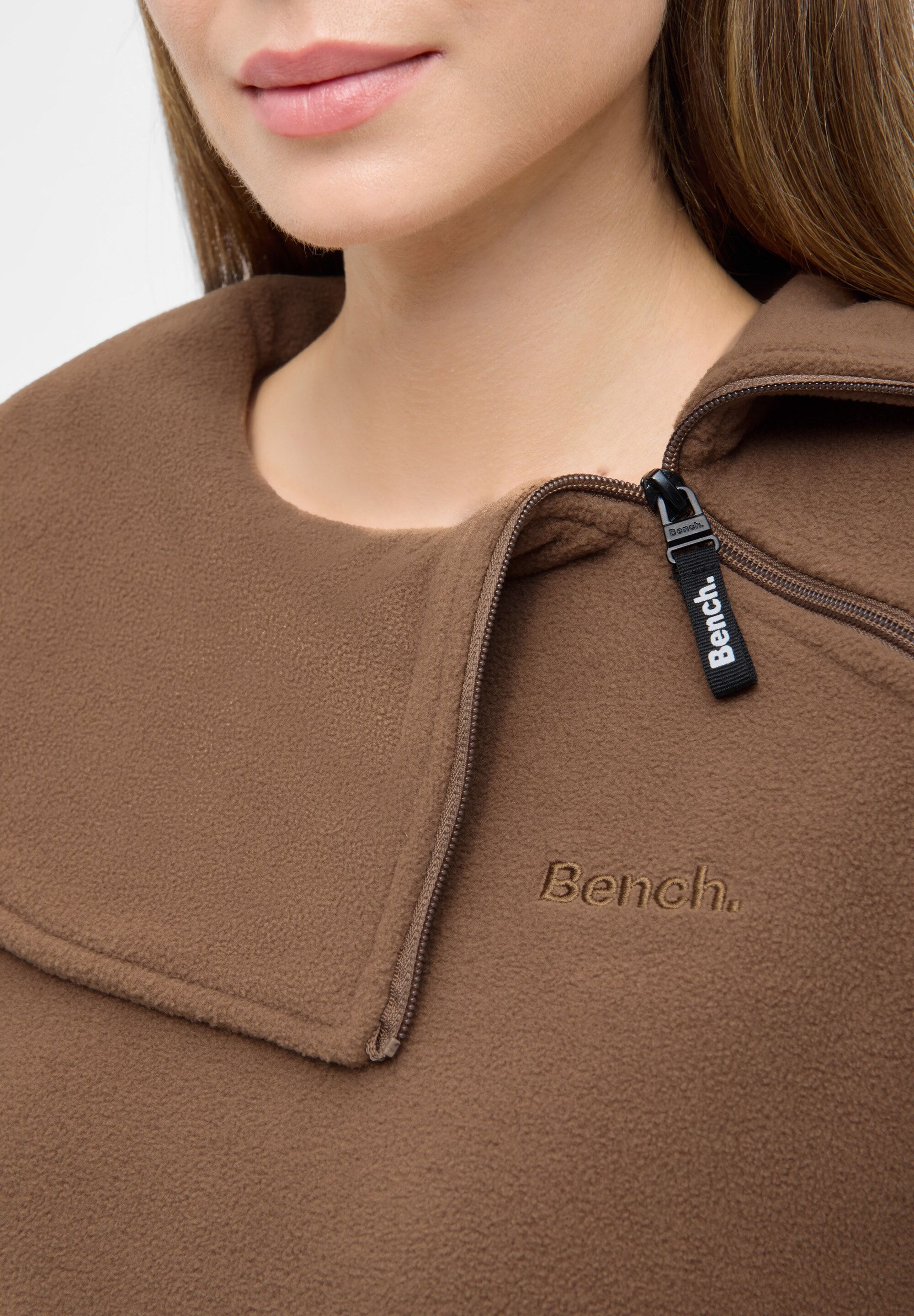 Fleecepullover BENCH. "APRILLE", Damen, Gr. 46, coca mocha, Fleece, Obermaterial: 100% Polyester, unifarben, hüftbedeckend, Rundhals, Sweatshirts Fleecepullover, warmes, tailliertes Fleeceshirt mit Troyerkragen und Seitentaschen coca mocha 46